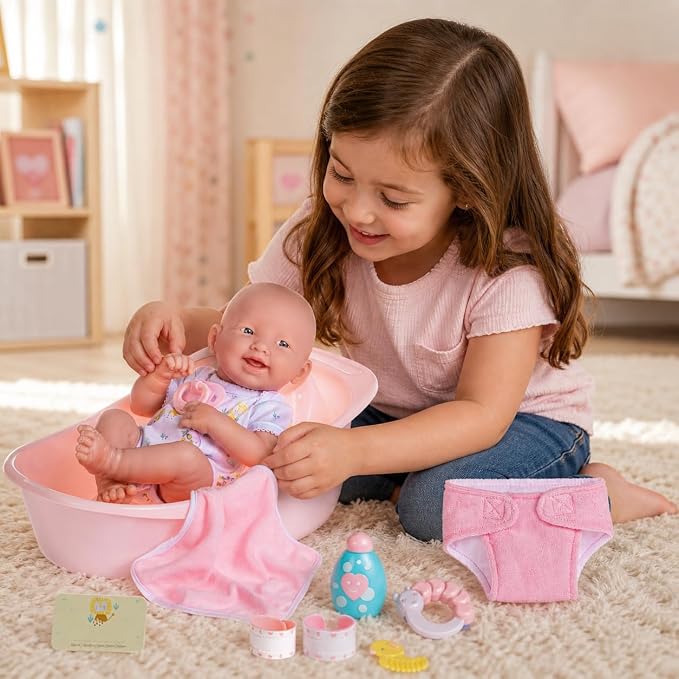 8 piece Layette Deluxe Bathtub Gift Set | JC Toys - La Newborn | 14" Life-Like Smiling Vinyl Newborn Doll w/ Accessories | Pink | Waterproof |Ages 2+