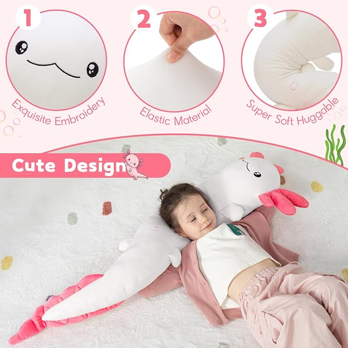 MaoGoLan Giant Axolotl Plush Pillow, Big Axolotl Plush Stuffed Animal Toy for Kid Girl Boy, Jumbo Stuffed Salamander Body Pillow Glow in The Dark, Birthday Day Gift Baby Shower Party Decor, White