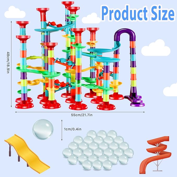 197Pcs Marble Run,Marble Maze Game Construction Building Blocks Toys for Kids,Marbles Track Race Set Educational Learning Toy Gift for Boys Girls(147Parts+50Glass Marbles)