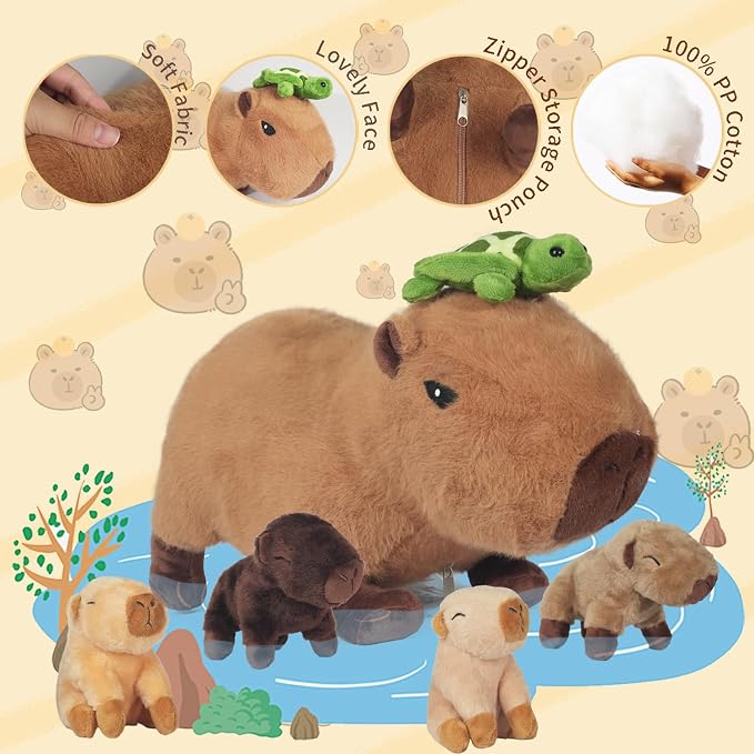 5 in 1 Capybara Plush, 14.2" Capybara Stuffed Animal with Babies Inside, Mommy Stuffed Capybara Plushies Pillow Toys with 4 Baby Capibaras Peluches for Kids Christmas Birthday Gifts Party Favors