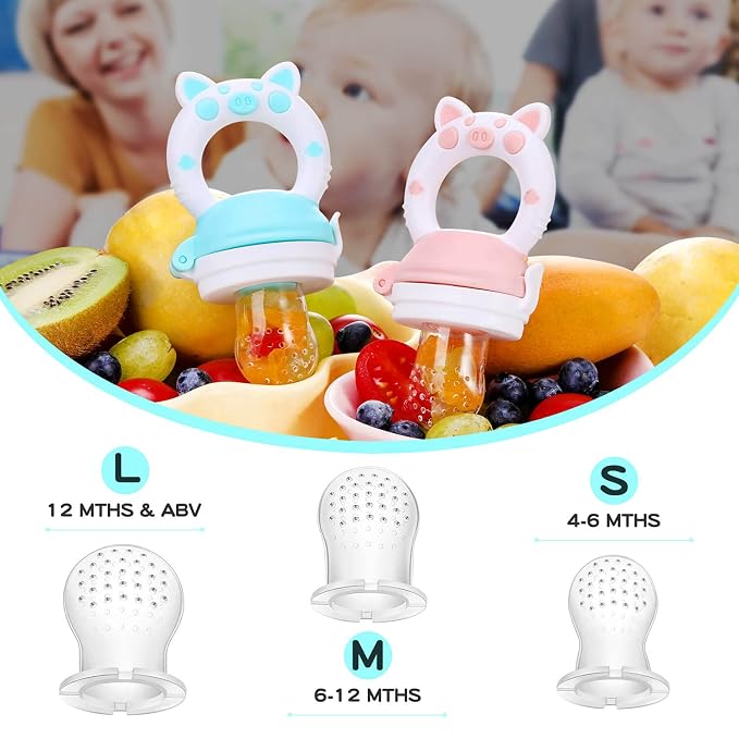 Baby Fruit Food Feeder Pacifier, Green & Gray, 2-Pack | Fresh Teething Pacifiers, 6 Pcs Silicone Pouches, For 3-24 Months, Piggy Handle