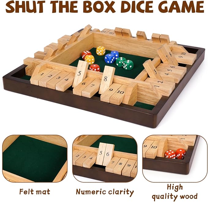 Kvintes 12 Inch Shut The Box Dice Game – Wooden Tabletop Board Game with Felt Mat, 10 Number Tiles & 8 Dice, Classic Bar Game, Family Game Night, Travel Game for Adults
