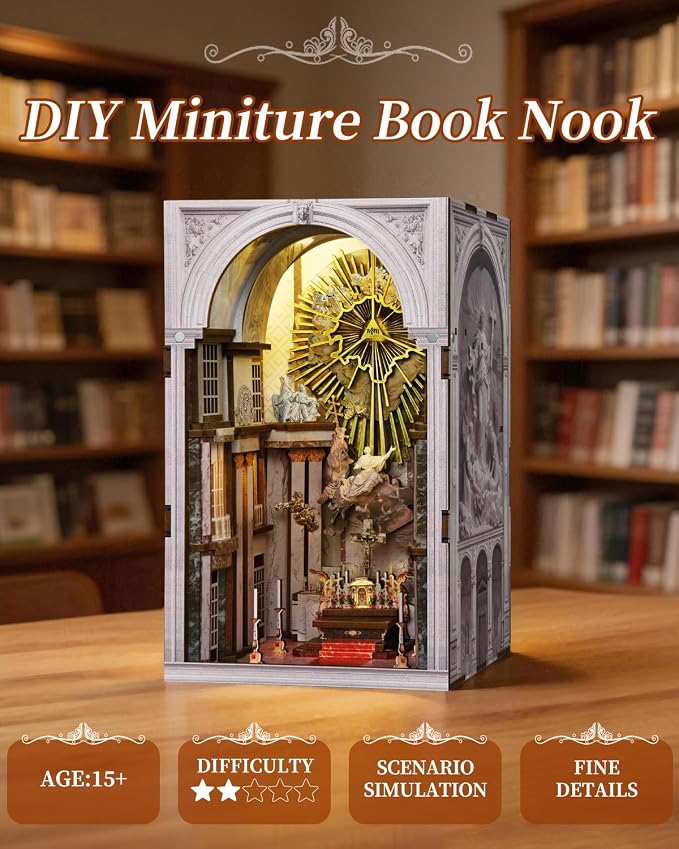 CCCDF DIY Book Nook Kit, Wooden Miniature Dollhouse with LED Light & Dust Cover, 3D Wooden Puzzle Craft for Adults, Religious Architecture Bookshelf Decor (St. Charles Church)