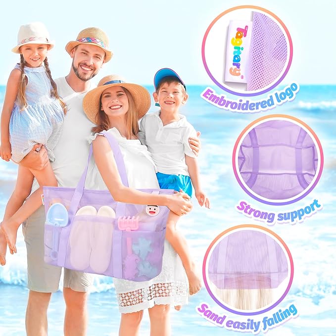 Tagitary Beach Toys for Kids and Mesh Beach Bag with Zipper, Large Beach Tote with 8 Pockets, Sand Toys Storage Pool Bag Beach Accessories for Sports Camping Picnic Travel