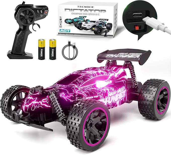 Tecnock RC Cars for Kids, 1:18 Scale 2WD RC Car with LED Lights, 2.4GHz Remote Control Car with USB-C Easy Charging & 50 Mins Playtime, Toys Gifts for Boys & Girls Ages 8-12