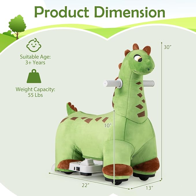OLAKIDS Ride on Toys, 6V Electric Battery Powered Electric Ride on Dinosaur with Music, Padded Seat, Forward, Foot Pedal, Wheels, Riding Horse Toy for Boys Girl Aged 3+