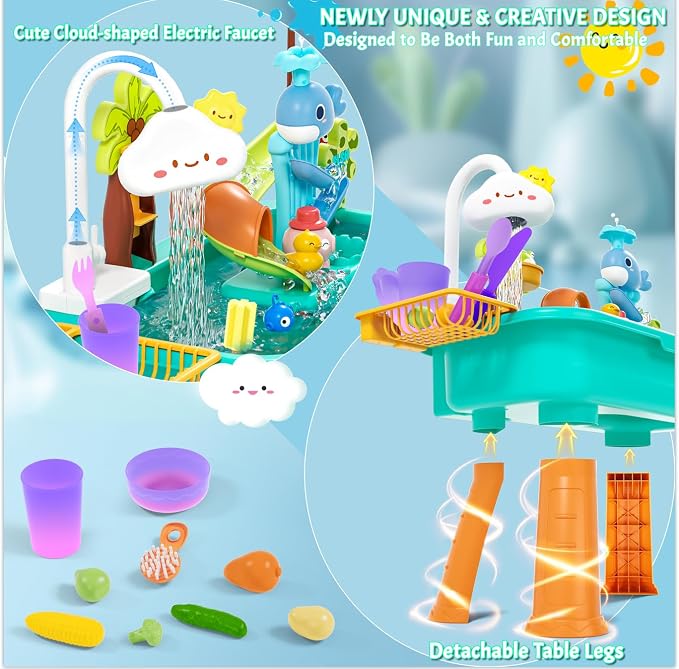 2026 Upgraded Kitchen Sink Toys, Water Table for Toddlers 1-3 3-5, Water Table for Kids Ages 4-8, Toddler Water Play Table|Beach Outdoor Toys, Summer Gift for Girl Boy 3 4 5 6 7 8, Orange&Green