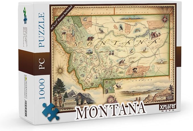 Montana State Map Cardboard Jigsaw Puzzle - 1000 Pieces, Hand-Illustrated - Educational, Family Activity, Ages 7+, Includes Poster - 25.4 x 19.8