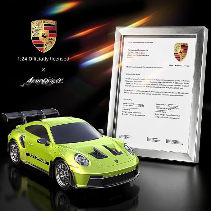 AEROQUEST Porsche Remote Control Car,Officially Licensed Porsche 911 GT3 RS,1:24 Scale Toy Car for Kids,Electric Sport Racing Hobby RC Cars,Birthday Gift for Boys and Girls（Green）