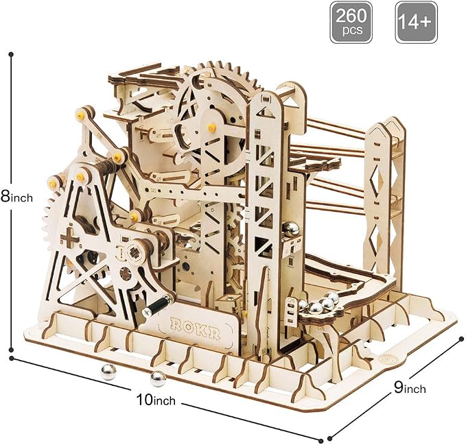 ROKR 3D Assembly Wooden Puzzle Brain Teaser Game Mechanical Gears Set Model Kit Marble Run Set Unique Craft Kits Christmas/Birthday/Valentine's Gift for Adults & Kids Age 14+(LG503-Lift Coaster)