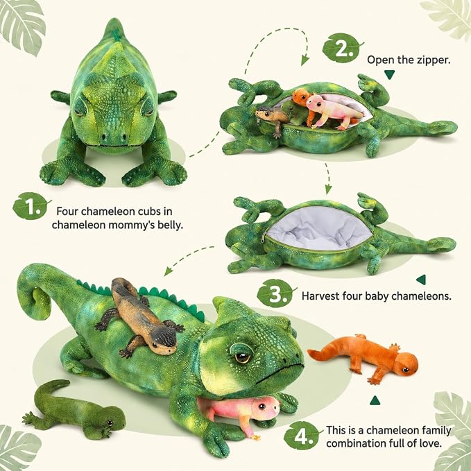 Green Lizard Plush, 27-Inch Mother Iguana Stuffed Animal with 4 Baby Lizard Plushies, 5-Piece Soft Giant Reptile Toy for Kids Gifts