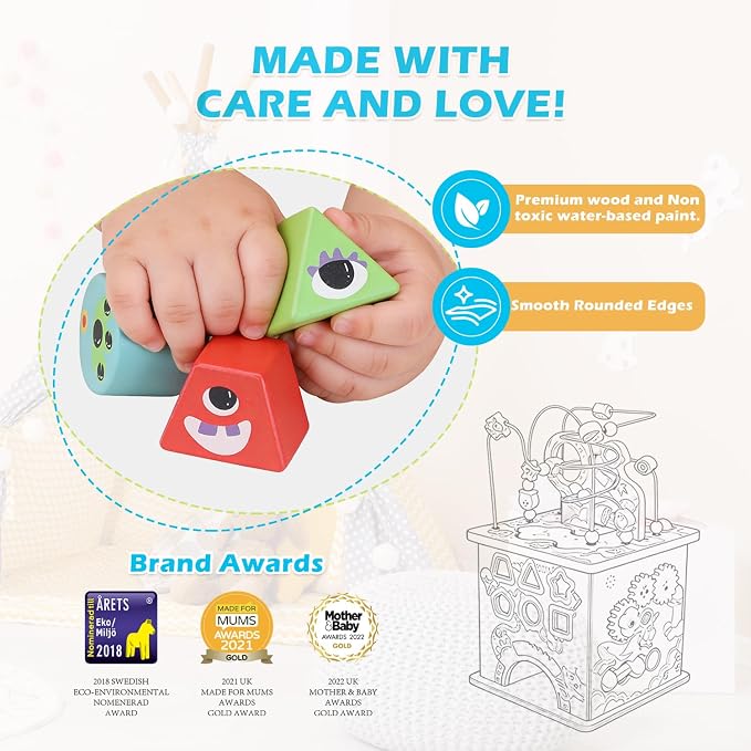 Pre-Assembled 9 in 1 Large Wooden Activity Cube. Educational Learning Toy for Kids with Bead Maze, Shape Sorter and Music Gears and More. for Toddlers 18 M+. Birthday Gifts for Boys and Girls