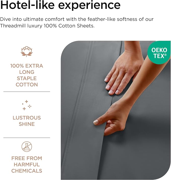 Threadmill 100% Cotton Sheets for Twin XL Size Bed - 600 Thread Count Twin XL Bed Sheets Set with 15” Deep Pocket - Sateen Weave 3-Piece Bedding Set with Cooling Effect, Dark Grey