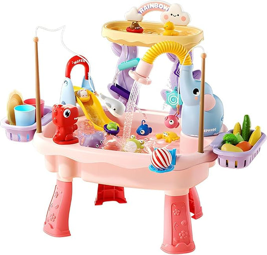 2027 Upgraded 4-in-1 Sand Water Table for Toddlers 1-3, Kids Sensory Table with Electric Water Pump & Elephant Faucet, Play Kitchen Sink with Food Accessories, Fishing Toy (Pink)