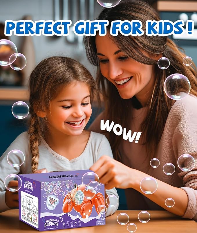 360° Crawling Crab Bubble Macine, Obstacle Avoidance, Music & LED Light | USB-C Rechargeable Tummy Time Toy, 3 Separate Buttons Control Bubbles, Movement & Music, Gift for 3+ Toddlers, Boys, Girls