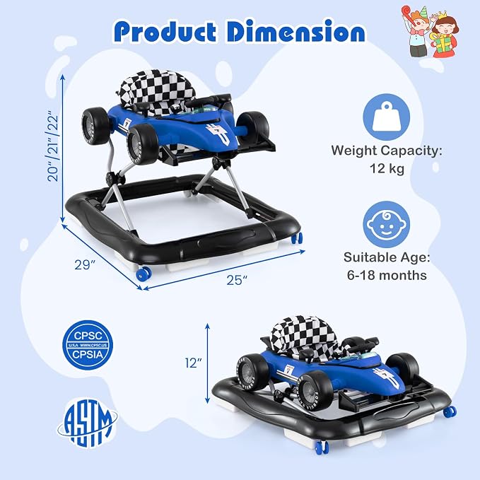 BABY JOY 4-in-1 Baby Walker, Foldable Activity Walker with Push Mode, Adjustable Height, Lights, Anti-Rollover, Baby Walker with Wheels for Boys Girls 6-18 Months (Blue)
