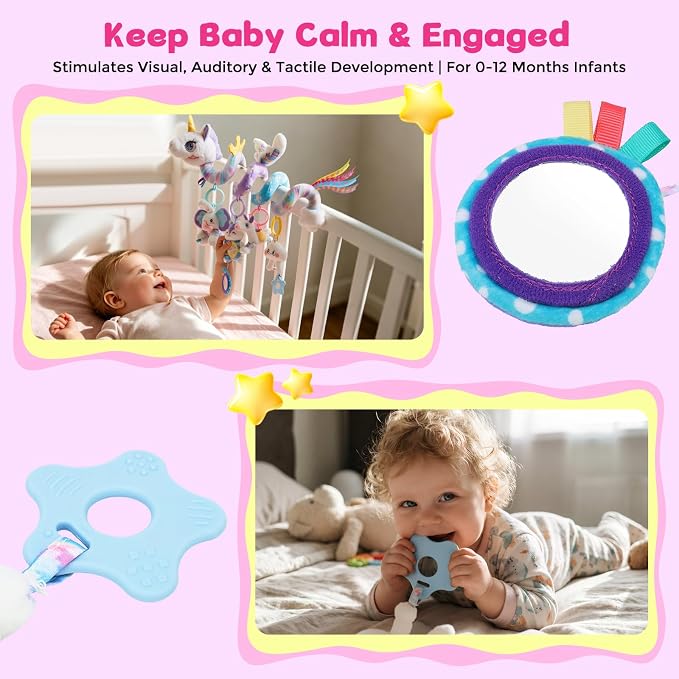 Car Seat Toys for Babies 0-6 Months, Unicorn Carseat Toys Hanging Baby Car Seat Toys, Stroller Toys with Music Rattle, Sensory Hanging Toys for Newborn Infant Crib