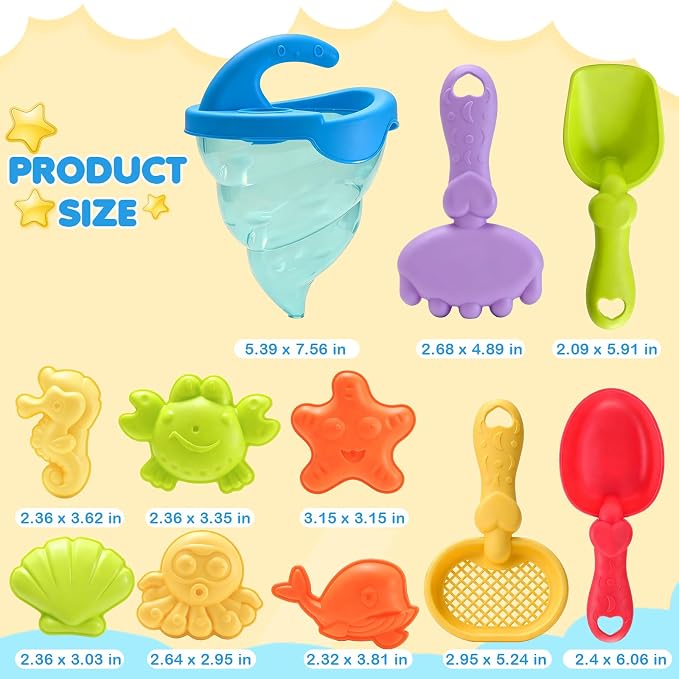 11 PCS Kid Beach Toys,Sand Water Funnel with No Partition, Silicone Plug,Beach Shovels and Sand Molds for Kids Boys Girls Ages 3-13