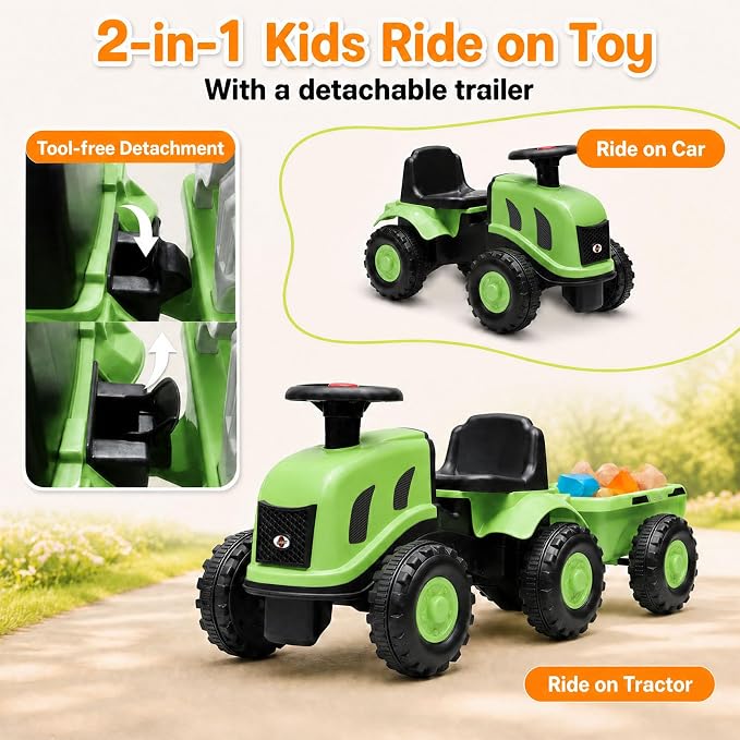 Kids Ride on Tractor, 2 in 1 Foot to Floor Push Car w/Detachable Trailer, Horn, Rake & Shovel, No Power Sliding Toy Gift for Toddlers, Outdoor Ride on Construction Vehicle (Green)