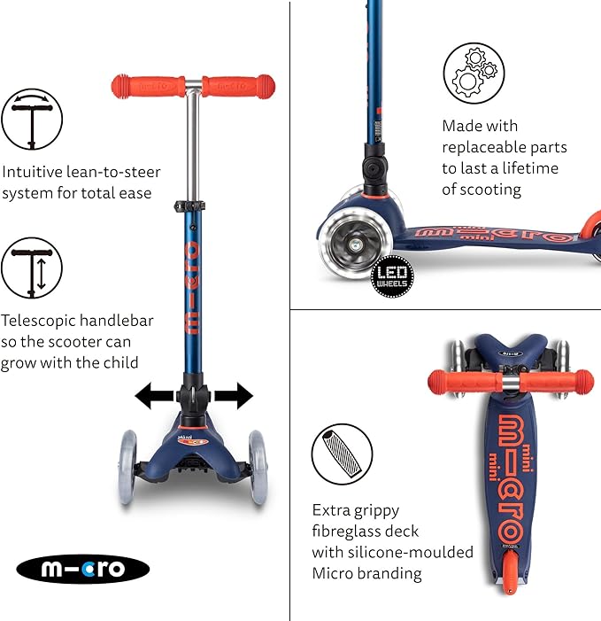 Micro Kickboard | Mini Foldable LED Kids Scooter for Ages 2-5 | Children up to 110 lbs | 3 Wheel Lean-to-Steer Design | Adjustable T Bar | Smooth Ride, Motion-Activated PU LED Wheels | Swiss Design