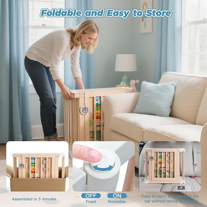 Foldable Wooden Baby Playpen with Mat, Play Yard (56 * 56 * 25 Inch) | Activity Center with Gate, Thickened Wood Adjustable, Easy to Assemble, Birthday Gift for Toddlers