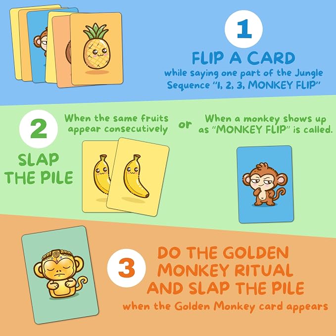 KAWAII LAB GAMES 1-2-3 Monkey Flip Family Card Game for Kids, Teens & Adults | Quick & Easy Party Card Game for Game Night | Fast Slap-and-Reaction Gameplay | Ages 6+ | 2-6 Players | 10-20 Min