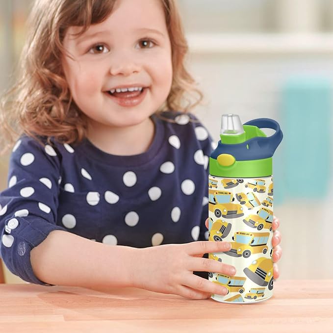 Boccsty Yellow School Bus Kids Water Bottle with Straw Lid Truck Insulated Stainless Steel Reusable Tumbler for Boys Girls Toddlers 12 oz Green