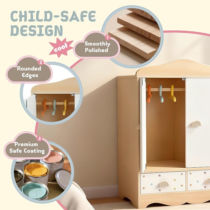 Freniland Wooden Doll Dress-Up Organizer with Doors, 3 Hangers & 2 Drawers, Doll Furniture, Pretend Play Storage Cabinet Gift for Girls Ages 3+