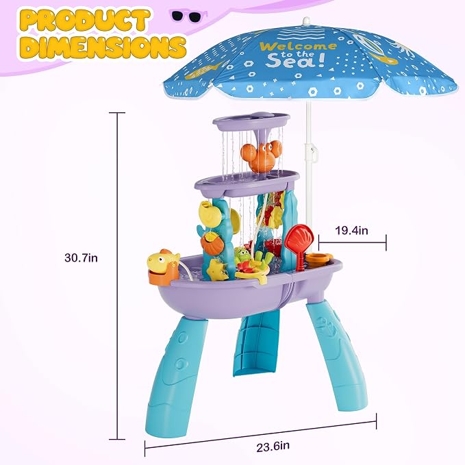 3-Tier Outdoor Water Sand Play Table Beach Toys, Summer Splash Activity Sensory Table Party Birthday Gift for Kids 3 4 5 6 7(Purple)