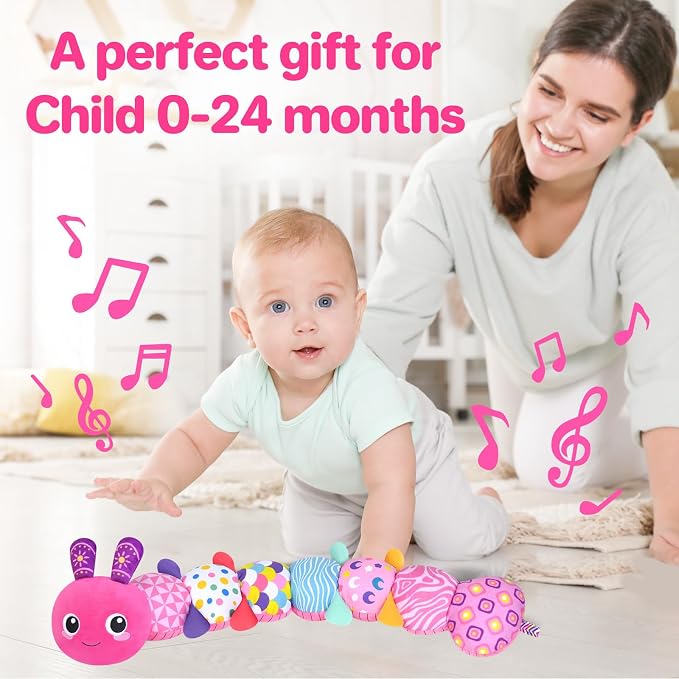 KMUYSL Baby Sensory Caterpillar Toys for 0-6 6-12 Months, Soft Plush Activity Toy with Crinkle, Rattle & Gentle Music, Tummy Time Toy for Infant Newborn, Early Development Toy Shower Gifts for Baby