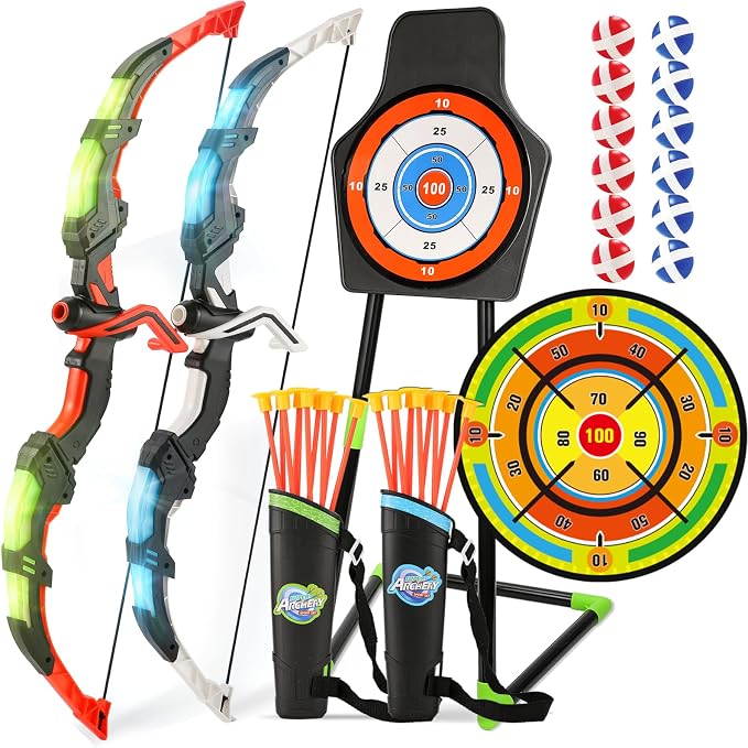 Bow and Arrow Set for Kids, 2 Pack LED Light Up Archery Set with 20 Suction Cup Arrows, Indoor and Outdoor Toy for Boys Girls Age 4-8 8-12 with Standing Target&2 Quivers, Birthday Gift 3-12 Years Old