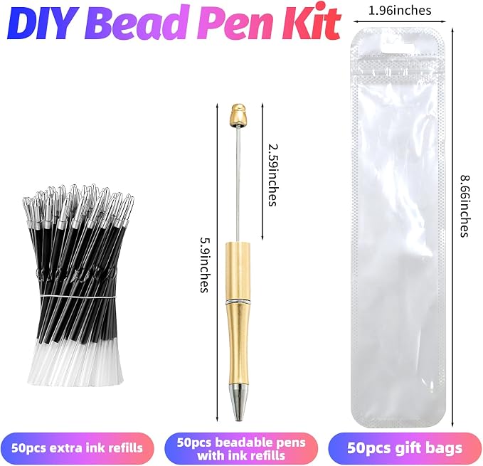 150 Pieces DIY Beadable Pen Kit – 50 Plastic Ballpoint Pens with Refills & Bags – School Supplies, Office Accessories & Decorative Items for Students & Teachers (Silver and Gold)