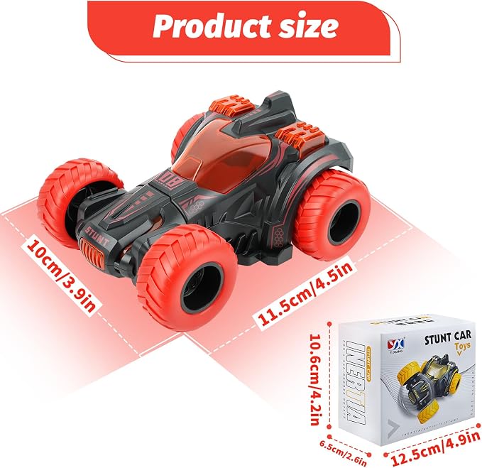 Friction Powered Flip Stunt Car, Push and Go Toy Car with 360° Upright Spin, Dual-Sided Rotating Off-Road Vehicle, Toy Car for Boys & Girls Ages 3+, No Batteries Required, (Red)