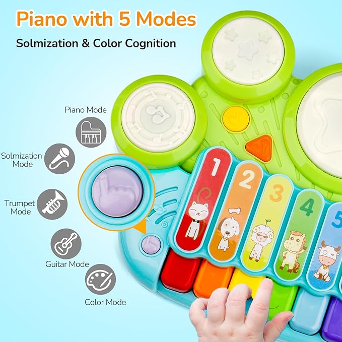 Baby Piano Drum Set for Toddlers 1-3, Musical Toys 3 in 1 Baby DJ Table Piano Keyboard Xylophone Drum Instruments for 1 2 Year Old Boys Girls Music & Light Activity Table Babies First Birthday Gifts