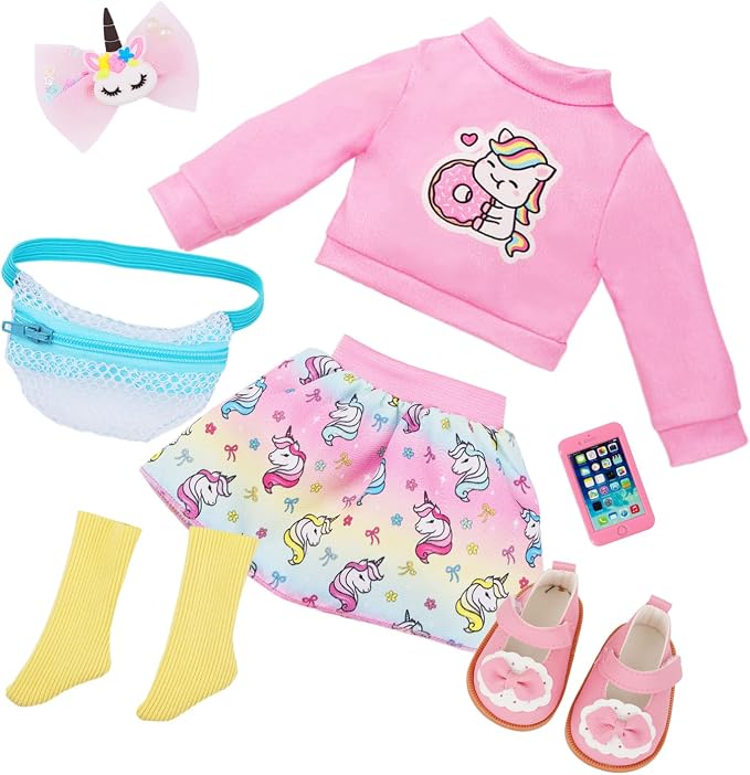 Ecore Fun 18 Inch Girl Doll with Clothes Accessories, Fashion Doll with Styling Brown Hair, Unicorn Hair Clip, Phone, Bag, Outfit & Shoes, Gift Ready for Birthday & Pretend Play