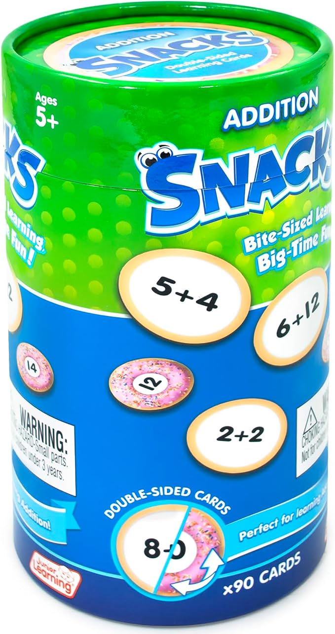 Junior Learning: Addition Snacks - Hand-On Math Practice Game, Problems On One Side - Solution On The Other, Donuts Theme Double-Sided Cards, Kids 5+