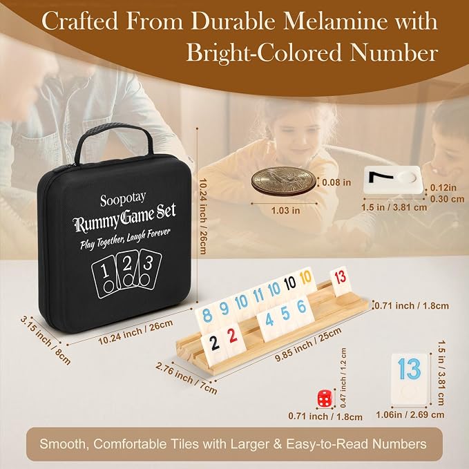 2-8 Players Games Gifts for Men Women Father Mother, Rummy Game Set, 214 Melamine Tiles, 8 Wooden Racks, Drawstring Bag, Premium Portable Case, Tile Board Games for Adults