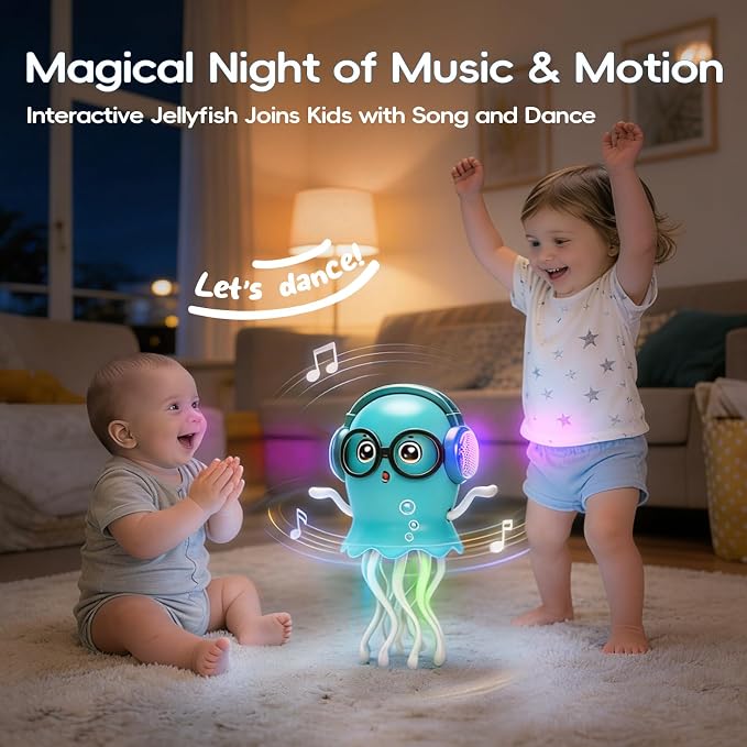 GONINO DJ Dancing Jellyfish Baby Toys, Musical Crawling Tummy Time Toys with LED Light & Smart Obstacle Avoidance, 360° Spin Sensory Toys for Toddlers, Kids Toys Birthday Gifts for Boys Girls, Green