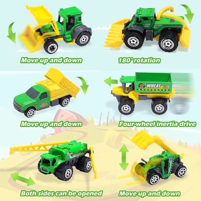 Oriate 6pcs Kid Diecasting Farm Car Toys Set, Harvester, Transporter, Truck, Sprayer Small Farm Toys, Mini Cars Model Christmas, Birthday, 3 Years Old and Up Gifts for Boys Girls