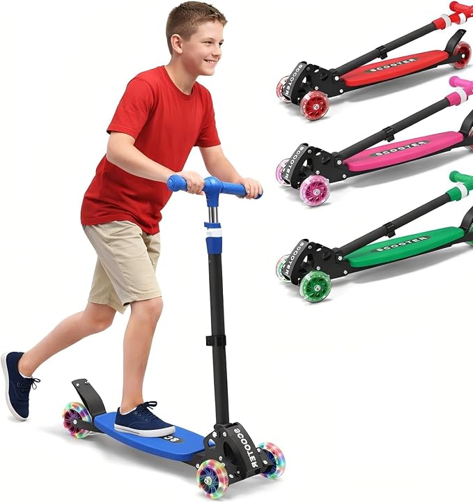 3 Wheel Kids Kick Scooter for Ages 3-12, Lean-to-Steer, Light-Up Wheels, 3-Level Adjustable Handlebar 27.5”-33”, Wide Non-Slip Deck, Dual Rear Brake,Travel Foldable, for Boys & Girls Toy Gifts