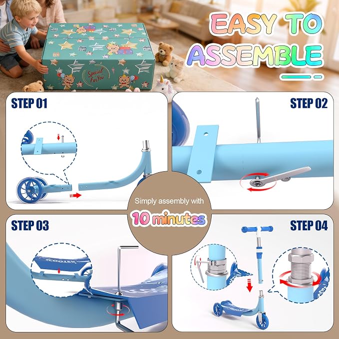 Scooters for Kids 3-5 Years Age 3-Wheel Light Up Scooter with Flexible Steer & 3-Adjustable Height for Boys Girls Outdoor Indoor Recreational Transport Blue Pink Orange