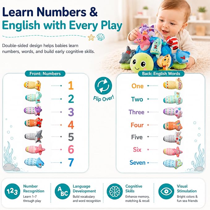 Baby Sensory Pull Out Toys – Soft Plush Turtle with 8 Detachable Baby Animals, Crinkle Paper & Rattle, Montessori Fine Motor Skill Toy for 6-12 Months Infant, Toddler 1-3 Year Old
