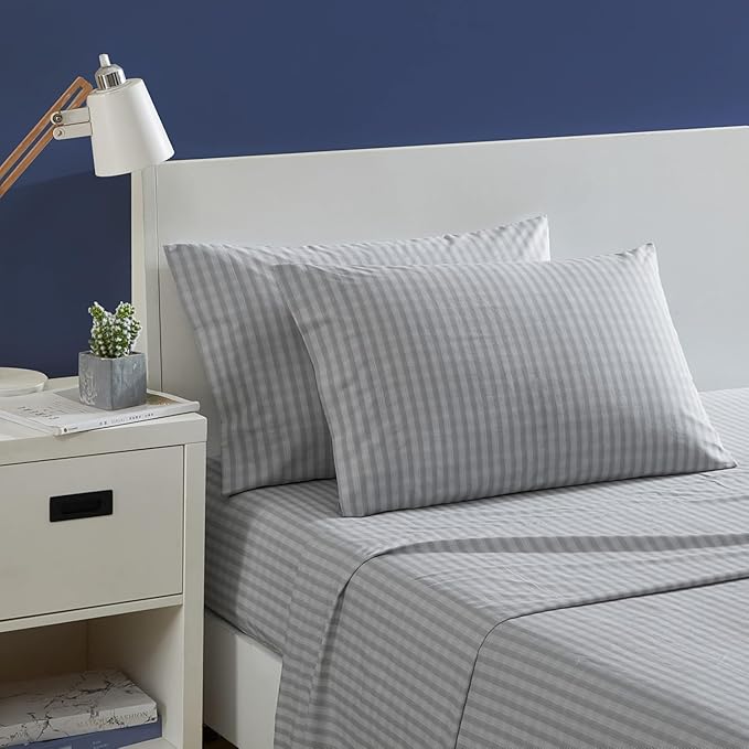 Nautica – Twin XL Size Sheet Set, Crisp Cotton Percale Bedding with Matching Pillowcase, Lightweight & Breathable Bed Sheets, Deep Pocket, College Dorm Room Essentials (Michael Plaid Grey)