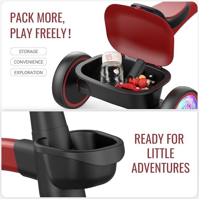 SEREED Colorful Lighting Toddler Tricycle for 2-5 Years Old Boys Girls, Adjustable Seat&Handlebar Trike, Removable Basket, Birthday Gift Idea for Kids Ages 2+ (Red Black)