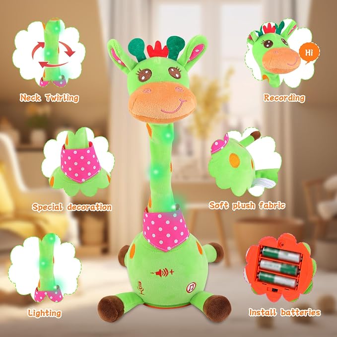 LUKETURE Dancing Talking Singing Green Giraffe Toy Stuffed Plush, Interactive Stuffed Animal Toy, Musical Giraffe Plush with Record & Repeat, Sings 10 Songs, LED Lights