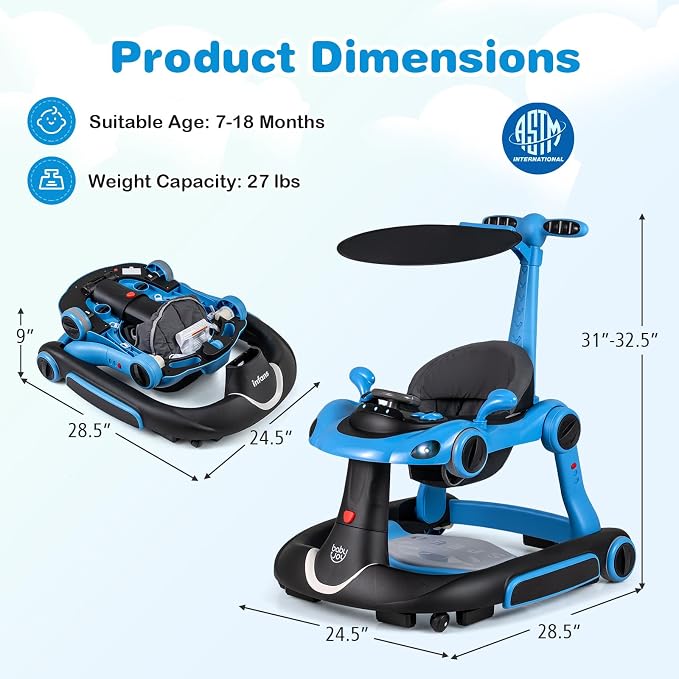 BABY JOY 7-in-1 Baby Walker, Foldable Baby Walker and Bouncer Combo with Handle, Adjustable Height & Speed, Music, Lights, Rocker/Push Mode, Baby Walker with Wheels for Boys Girls 7-18 Months (Blue)