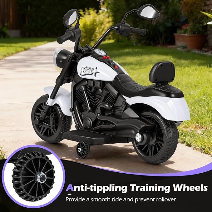 Costzon Kids Motorcycle, 6V Chopper Motorbike Ride on Toy with Headlight, Music, Training Wheels, Electric Toddler Motorcycle for Kids Boys Girls, Gift (White, 31" x 23" x 22"(L x W x H))