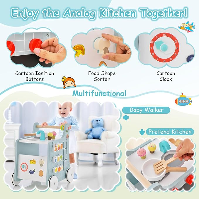 HONEY JOY Baby Push Walker, 6-in-1 Wooden Play Kitchen Walker Activity Center w/Shape Sorter & Blackboard, Develop Motor Skills, Push Toys for Babies Learning to Walk, Gift for Boys and Girls (Blue)