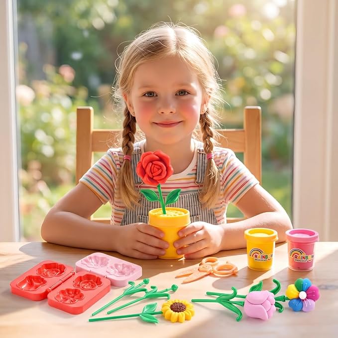 Yositochuan Flower Play Dough Set for Kids, 15PCS DIY Flower Clay Kit with Molds & Pot, Doh Art Craft Toy, Preschool Educational Sensory Gift for Boys Girls Ages 3 4 5 6 7 8