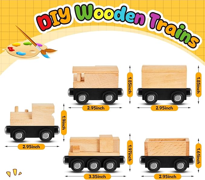 Halloscume 10 Pcs Unfinished Magnetic Wooden Train Cars 5 Styles DIY Unpainted Wood Trains for Paint Crafts Project & Summer Camp, Birthday Party Favors Decorations (Retro)